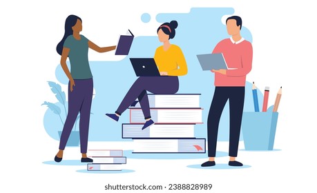 Group of students doing school work - Team of three people with laptops and book reading and working and studying on education project together. Flat design vector illustration with white background