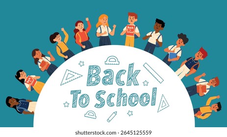 Group of students encircling white globe with back to school message on blue background
