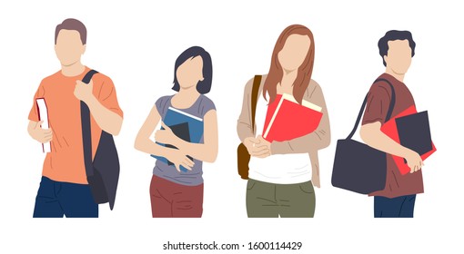 Group of students flat vector illustration. Young girls and boys holding books and laptop isolated characters on white background. Happy teenager in casual clothes. Youth lifestyle