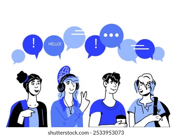 Grupo de estudantes e amigos com bolhas de fala acima de suas cabeças, ilustração de vetor estilo doodle desenhado à mão isolado no fundo branco. Comunicação e comunidade de jovens.