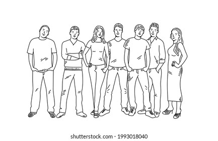 Group of students, friends are standing together. Hand drawn vector illustration.