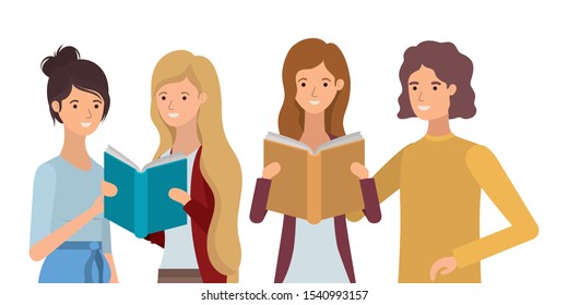 group of students girls reading books vector illustration design
