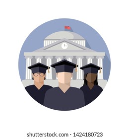 group of students in a graduate cap and mantle of different races, nationalities and skin colors against the background of an educational institution, college, university. color image in circle