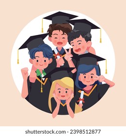 Group of students graduating together. Vector people illustration.