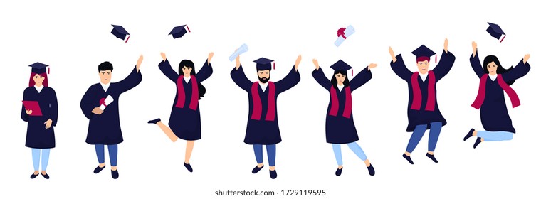 A group of students in graduation gowns celebrate completion of studies. Boys and girls having fun jump and toss up mortarboards and diplomas