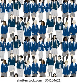  Group of students from high and elementary school. Boys and girls going to school. Vector seamless pattern. Each character can be separated from other. Easy to change color