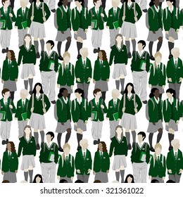  Group of students from high and elementary school. Boys and girls going to school. Vector seamless pattern. Each character can be separated from other. Easy to change color