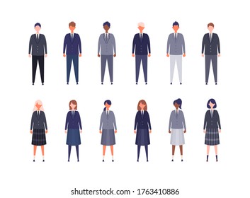 Group of students from high and middle school. Vector illustration of boys and girls in uniform of different colors. Isolated graphics.