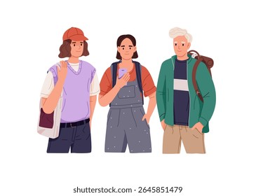 Group of students of high school, college with backpacks. Happy teenagers, girls and boy are friends. Teen classmates are standing together. Flat isolated vector illustration on white background