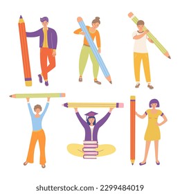 Un grupo de estudiantes sostienen grandes lápices. Muchachas y muchachos, estudiantes se paran y se sientan. Tema de estudio, creatividad, desarrollo. Ilustración aislada de vector colorido plana