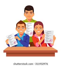 Group of students holding and showing off their exam test papers with perfect A+ results. Flat style vector illustration isolated on white background.