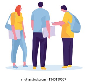 Group of students are jumping on a white background. Cheerful young people with backpacks and books. Vector illustration in a flat style