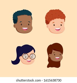 group of students kids heads characters vector illustration design