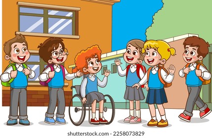 a group of students kids talking cartoon vector 