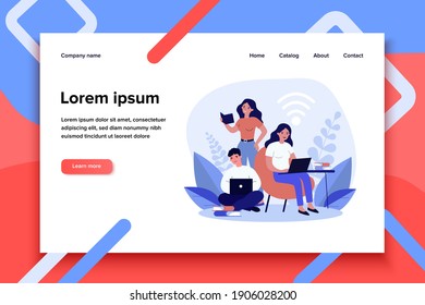 Group of students with laptops and books doing task. Studying together, team, project. Flat vector illustration. Education, wireless connection concept for banner, website design or landing web page