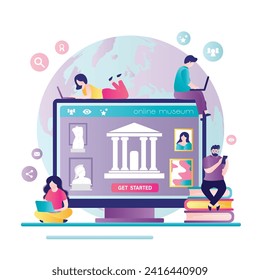 Group of students looking virtual museum on modern gadgets.  Art exhibition with computer at home. Internet art gallery interactive tour. Online museum application. Distance education. flat vector