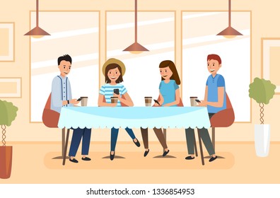 A group of students meets in a cafe and drinks coffee. Vector illustration with the interior of a cozy youth cafe. Flat style.