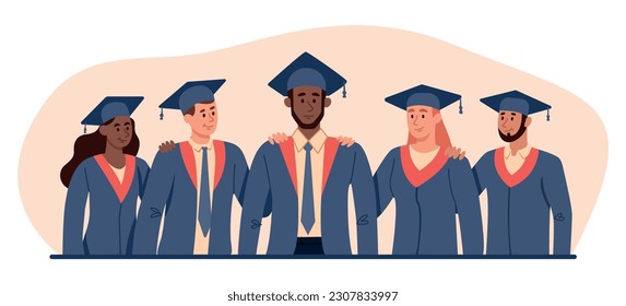 Group of students. Men and women stand in graduate hats and hold on to their shoulders, young professionals. Education and training. High school graduation concept. Cartoon flat vector illustration