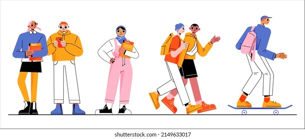 Group of students, multicultural young girls and boys with backpacks holding books and smartphones, riding skateboard. Happy teenagers characters in casual clothes. Linear flat vector illustration