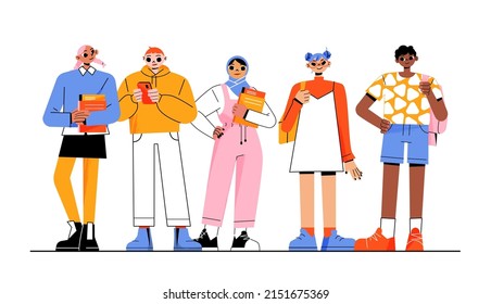 Group of students, multicultural young girls and boys with backpacks holding books and smartphones stand in row. Happy diverse teenagers characters in casual clothes. Linear flat vector illustration