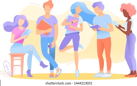 A group students multiethnic young people stands and reads and holds books and smartphones in their hands. Concept back to school, literacy day or book day. Vector illustration.