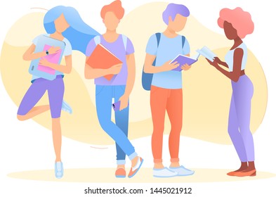A group students multiethnic young people stands and reads and holds books, laptops, smartphones in their hands. Concept back to school, literacy day or book day. Vector illustration.