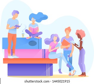 A group students multiethnic young people stands and reads and holds books and smartphones in their hands. Concept back to school, literacy day or book day. Vector illustration.