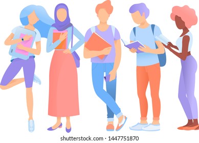 A group students multiethnic young people stands and reads and holds books, laptops, smartphones in their hands. Concept back to school, literacy day or book day. Vector illustration.