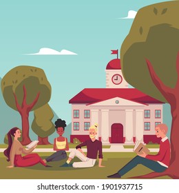 Group of students outside on college campus lawn, flat vector illustration. College or university students sitting on grass in front of campus dormitory building.