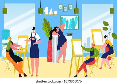 Estudiantes de grupo pintan a una mujer de imagen en clase de arte, ilustración vectorial. Jóvenes artistas interiores con caballete, cepillo, paleta entrenada en bellas artes. Hobby creativo, hermoso concepto de estilo de vida.