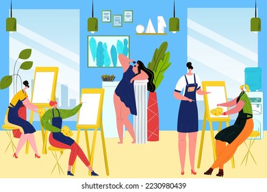 Group students paint picture woman in art class, vector illustration. Indoors young artists with easel, brush, palette trained in fine arts.