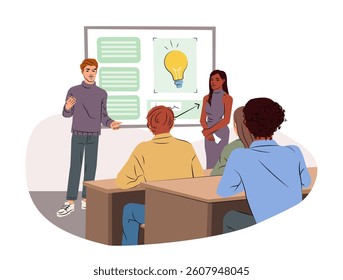 Group of students presenting a project with charts and lightbulb graphic to classmates in a classroom setting, cartoon style on white background. Concept of education. Vector illustration