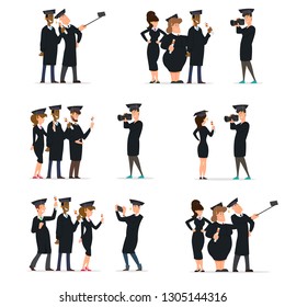 group of students at the prom is photographed for memory. teenagers of different races make photos and selfies. vector illustration.