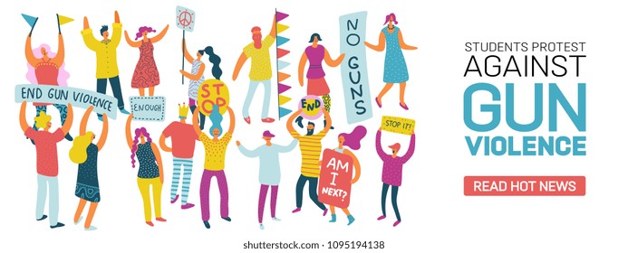 Group of students protesting against gun violence with placards and flags flat vector illustration 