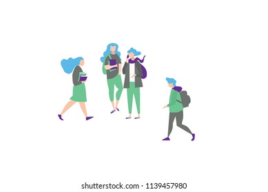Group of students / pupils going to school / university, talking. Students life concept. Back to school concept. 