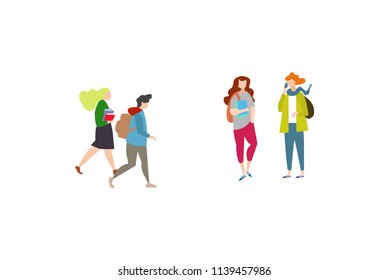 Group of students / pupils going to school / university, talking. Students life concept. Back to school concept. 