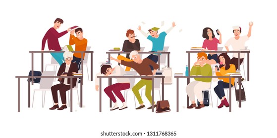 Group of students or pupils sitting at desks in classroom and demonstrating bad behavior - fighting, eating, sleeping, surfing internet on smartphone during lesson. Flat cartoon vector illustration.