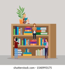 group of students reading books in the library vector illustration design