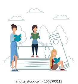 group of students reading books in the park vector illustration design