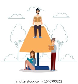 group of students reading books in the park vector illustration design