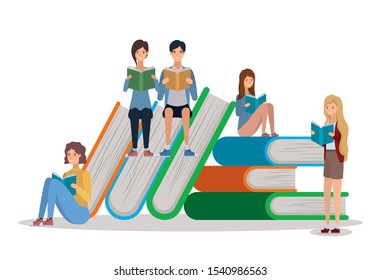 group of students reading books vector illustration design
