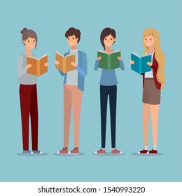 group of students reading books vector illustration design
