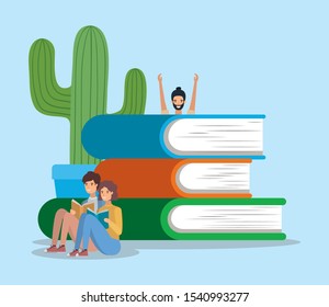 group of students reading books vector illustration design