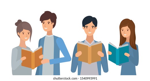 group of students reading books vector illustration design