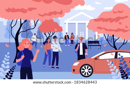Group of students resting during break near university. Relaxing, studying. Higher education concept can be used for presentations, banner, website design, landing web page
