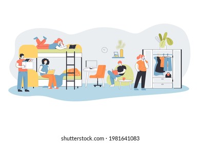 Group of students in room at hostel. Young cartoon characters living in dorm, alternative house flat vector illustration. Accommodation, college concept for banner, website design or landing web page