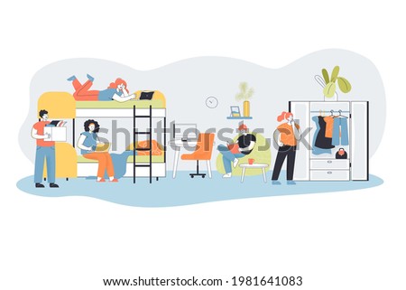 Group of students in room at hostel. Young cartoon characters living in dorm, alternative house flat vector illustration. Accommodation, college concept for banner, website design or landing web page