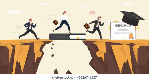 Group of students running on giant textbook and overcome gap. Best books to help business people success in education, knowledge or skills to succeed and overcome obstacles. flat vector illustration