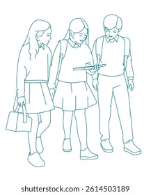 Group of students at the school reading something on a notebook