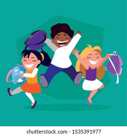 group of students with school suitcase, back to school vector illustration design